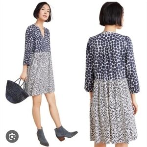 Anthropologie Maeve Juno Printed Dress Navy Print 3/4 Sleeve Boho‎